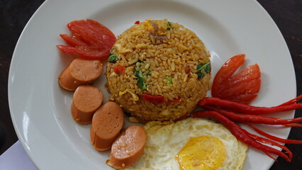 close up of fried rice with egg and garnished with tomato, lettuce, sausage and mustard leaves on a white plate.....typical Indonesian food.