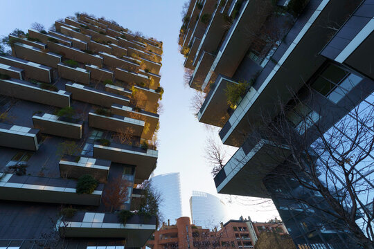 Milan, Italy - January 9, 2023: Modern buildings at Porta Nuova in Milan: Bosco Verticale