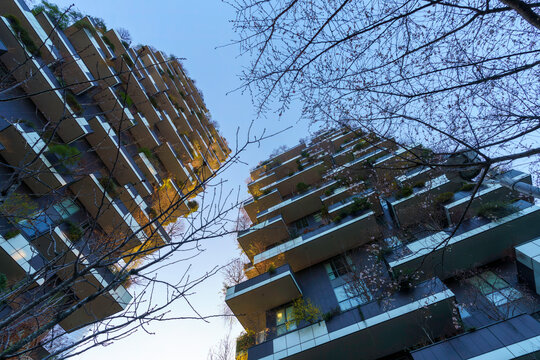 Milan, Italy - January 9, 2023: Modern buildings at Porta Nuova in Milan: Bosco Verticale
