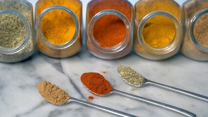 Spices for cooking - Cumin, paprika, curry, turmeric, chilli pepper, pepper, salt, ginger are...