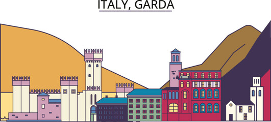 Italy, Garda tourism landmarks, vector city travel illustration - obrazy, fototapety, plakaty