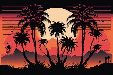 Palm trees in front of a retro sunset as a digital illustration (Generative AI)
