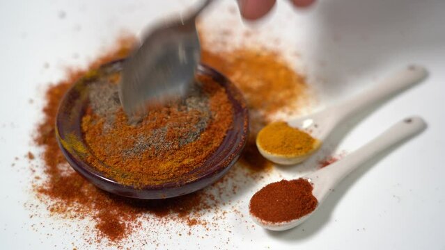 Spices for cooking - Cumin, paprika, curry, turmeric, chilli pepper, pepper, salt, ginger are typical spices of African Moroccan Indian cuisine - health and well-being in  kitchen - Mediterranean diet