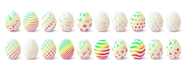 Set of white Easter eggs with patterns with shadow, isolated.	