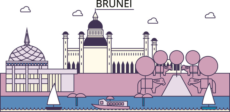 Brunei tourism landmarks, vector city travel illustration