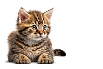 Little cute tabby kitten sitting on white background. AI generated.