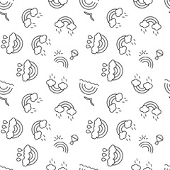 Monochrome vector seamless pattern of rainbow with balloon, rain and bird over sea for web sites and polygraphy