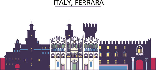 Italy, Ferrara tourism landmarks, vector city travel illustration