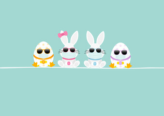 2 Weiße Osterhasen Mädchen & Junge & 2 Ostereier Maske Sonnenbrille Karte Türkis