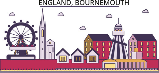 United Kingdom, Bournemouth tourism landmarks, vector city travel illustration