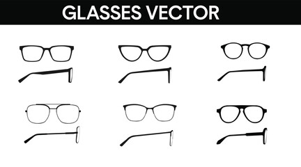 Vector isolated Illustration of a Glasses Frame Set. Set of Black glasses Frame Front and Side View