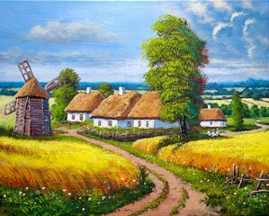 Obraz na płótnie Canvas Oil paintings rural landscape, golden wheat field, fine art. Artwork, wheat in the field, landscape with a house in the background