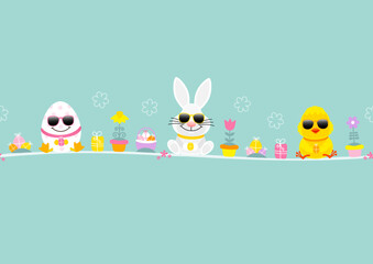 Osterei, Weißer Osterhase & Küken Sonnenbrille Icons Karte Türkis