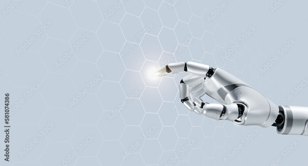Poster 3d rendering humanoid robot's hand touch on digital world, hexagon network, big data background with