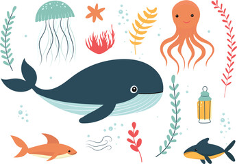 marine life, fish, crete, octopus on a white background isolated, vector