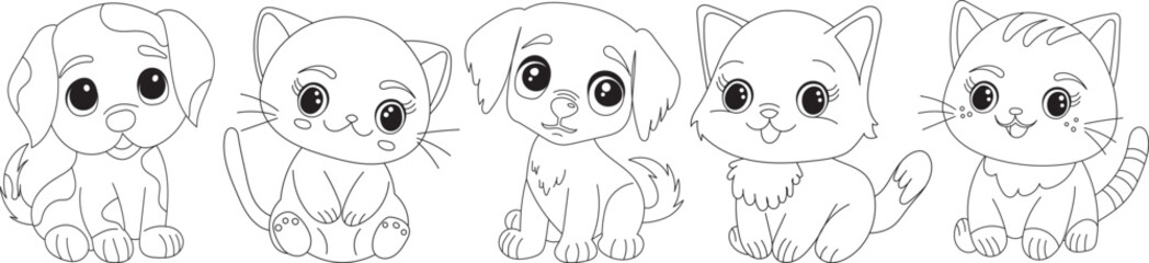 kittens and puppies set coloring book , sketch isolated vector