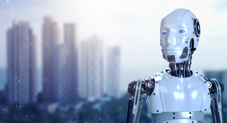 3d rendering of human robot cyborg portraits on blurred capital city buildings background with copy space. Futuristic AI robotic humanoid machine, artificial intelligence evolution technology concept.