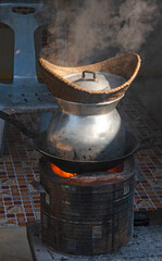 How to cook sticky rice with Thai bamboo steamer on charcoal stove
