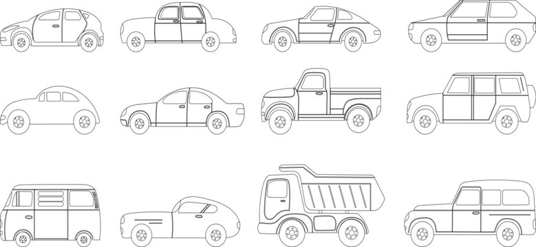 cars set coloring book for boys, sketch isolated vector