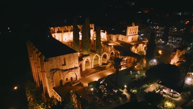 Bellapais Monastery aerial night view in Bellapais village, North Cyprus