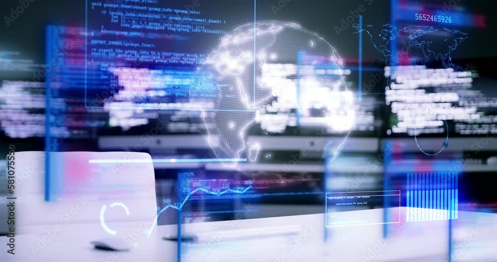 Aufkleber Programming, coding and 3D dashboard at night of computer software, globe or application at office. Hologram or virtual screen of code or program language for global cybersecurity or data protection