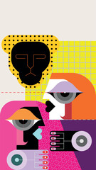 Two women and big wild cat vector illustration. Women faces and muzzle of a cheetah.