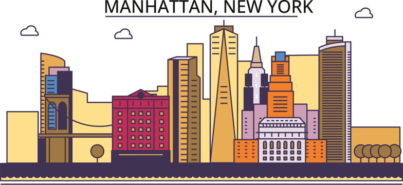 United States, New York Manhattan tourism landmarks, vector city travel illustration