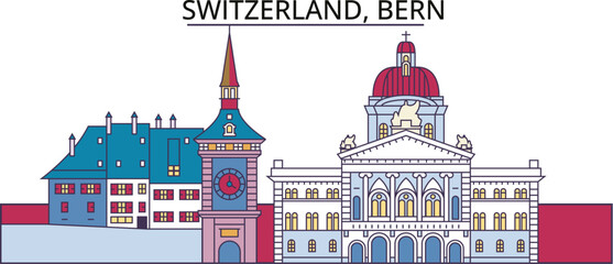 Switzerland, Bern tourism landmarks, vector city travel illustration - obrazy, fototapety, plakaty
