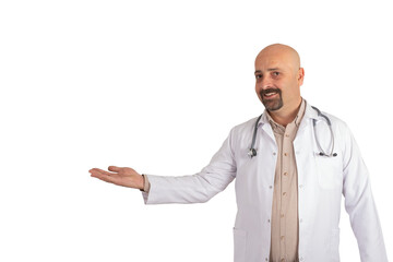 Transparent png image of doctor holding imaginary object, smiling friendly medical physician...