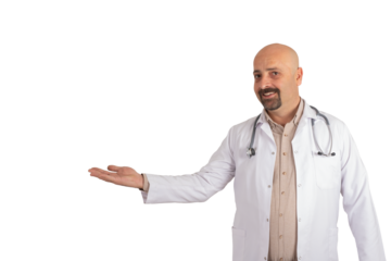 Transparent png image of doctor holding imaginary object, smiling friendly medical physician isolated on white. Copy space. Holding something with hand, showing product, offering medicine.