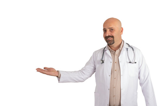 Transparent png image of doctor holding imaginary object, smiling friendly medical physician isolated on white. Copy space. Holding something with hand, showing product, offering medicine.