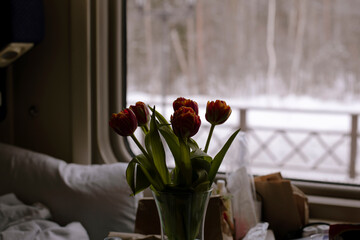 A bouquet of tulip flowers in a train compartment in front of the window with winter