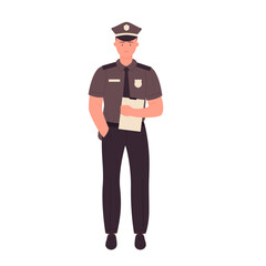 Policeman holds report. Standing police officer with hand in pocket vector illustration