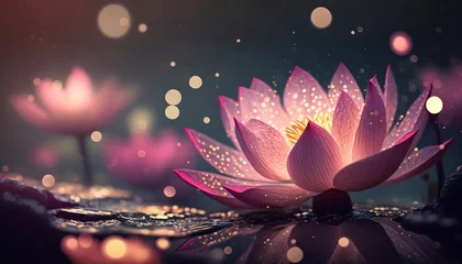 Foto op Canvas 3D illustration of a pink lotus flower in water with sunshine. Generative Ai. © Concept Killer