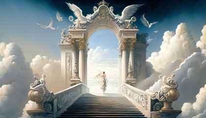 An ultra - clear photograph of a long stairway to heaven with white clouds illuminated a person climbing at the bottom of the stairway golden gates with Corinthian ornaments and statues of angels at t