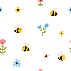 Vector color hand-drawn children cute easter seamless pattern with bees and flowers in scandinavian style. Easter colorful set. Doodle cartoon spring background. Happy easter.