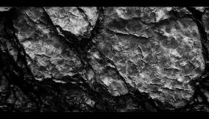 Black white stone texture. Rock surface. Close - up. Like a old rough concrete wall. Dark gray grunge background with space for design. Template. Backdrop. Wide banner. Panoramic