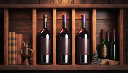Bottles of red wine on a wooden shelf. banner background for winery, bar or shop