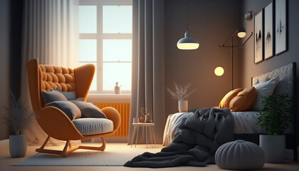 Cozy bedroom interior wall mockup with armchair and accessories decorate the room