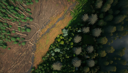 Deforest environmental problem, aerial split image from above top view, logging of rain forest