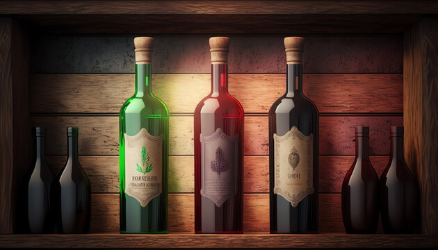 Bottles of red wine on a wooden shelf. banner background for winery, bar or shop