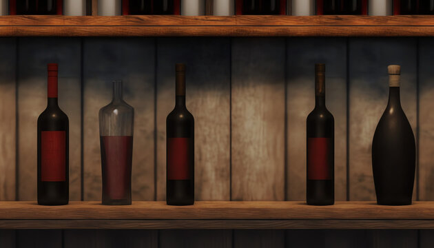Bottles of red wine on a wooden shelf. banner background for winery, bar or shop