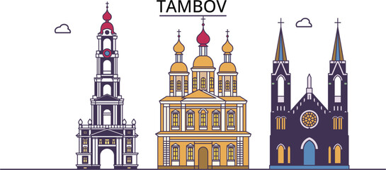 Russia, Tambov tourism landmarks, vector city travel illustration - obrazy, fototapety, plakaty