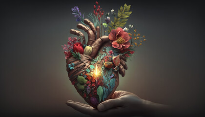 Human heart with flowers, love and emotion concept, good hearted person, help and charity