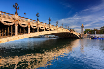 Architecture of the Pont Alexandre III bridge over the Seine river, Paris. France