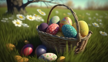Easter - Basket of Hand-Painted Eggs in a Bright Orchard. Generative Ai.