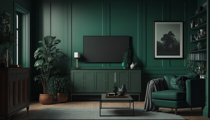 Living room with cabinet for tv in dark green color wall, minimalist muji style