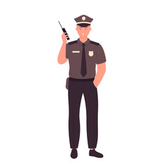 Policeman with walkie talkie. Working police officer, policeman in uniform vector illustration