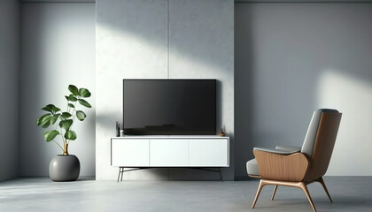 Mockup a cabinet TV wall mounted with armchair in living room with a white cement wall