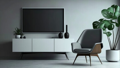 Mockup a cabinet TV wall mounted with armchair in living room with a white cement wall